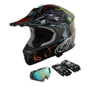 TCMT DOT Dirt Bike Helmet for Kids with Goggles & Gloves, for Motocross Offroad Street Motorcycle, Youth S Size, Black Graffiti