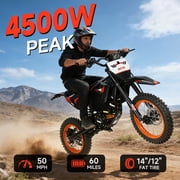 4500W Peak Electric Dirt Bike, 60V 28.8AH Battery Electric Motorcycle, 50MPH Max Speed & 60 Miles Range, Mid-Drive Motor, Dual Hydraulic Brakes, 14″/12″ Fat Tire Off-Road E Bike for Adults, IP65 Wate